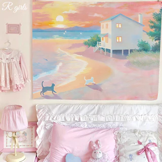 จัดส่งจากไทย Agirl Ins ผ้าแขวนน่ารักแมวชายหาดสีชมพู หัวใจสาว ทิวทัศน์ริมทะเล ตกแต่งห้องพัก ผ้าพื้นหลัง