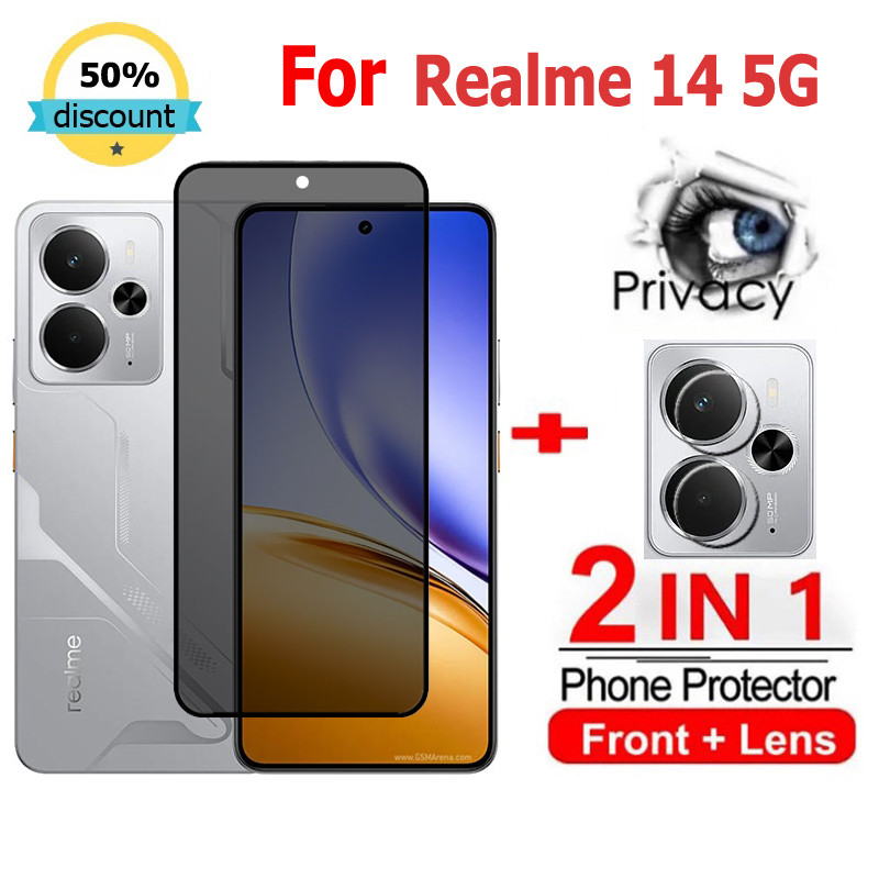2 in 1 ฟิล์ม Realme 14 5G ฟิล์มกระจกนิรภัยกันรอยหน้าจอ กันแอบมอง เพื่อความเป็นส่วนตัว สําหรับ Realme C75X C75 C55 C53 C65 C67 C51 14X 14 13 12 12X 10T 9i 11 10 Pro Plus Note 60 50 Narzo 60 50 5G ฟิล์มกันรอย ฟิล์มกล้อง