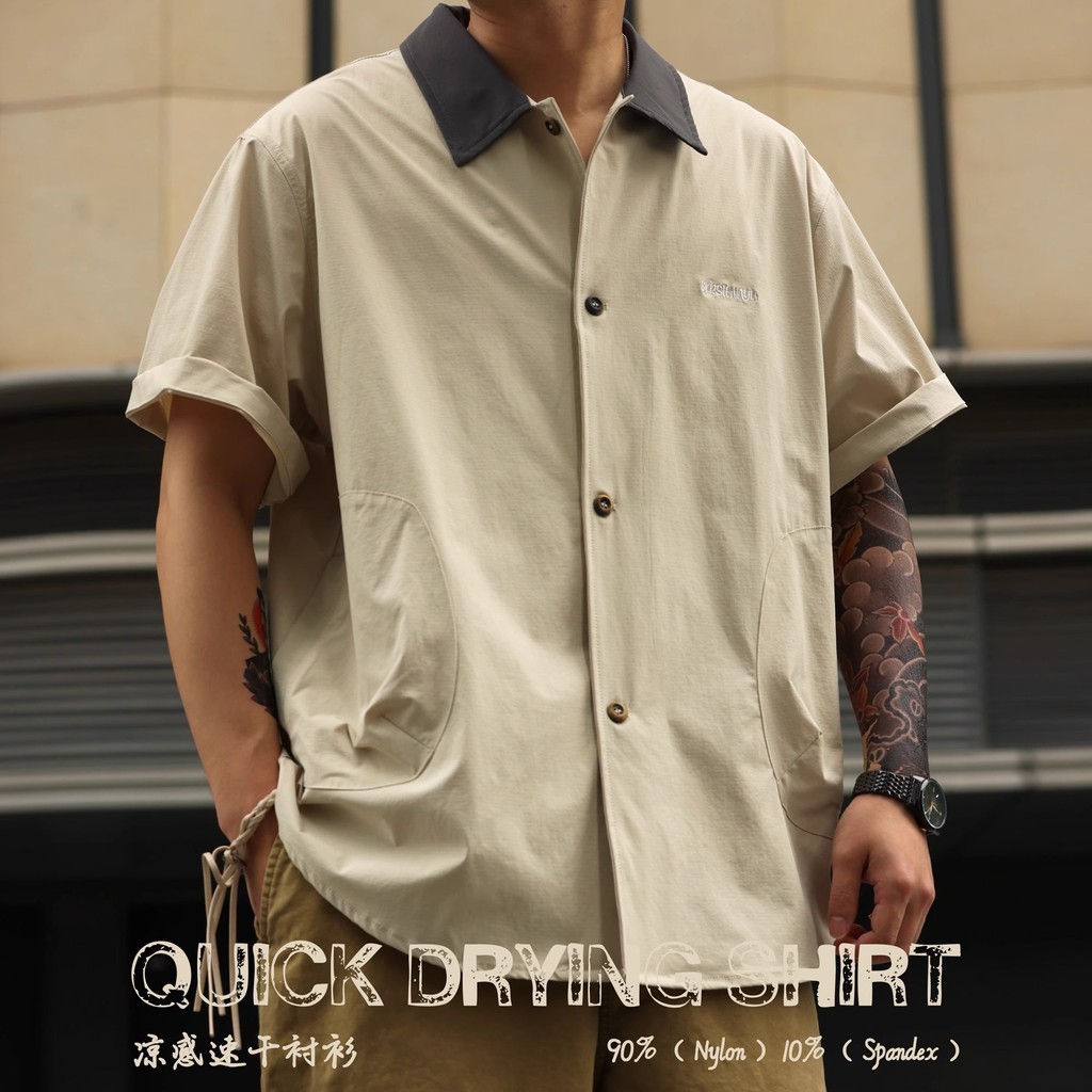 Richell สไตล์อเมริกัน Barn สไตล์ Cool Quick-Drying เสื้อเชิ้ตแขนสั้นผู้ชายสไตล์ไดอารี่สวมเสื้อแจ็คเก็ตฤดูร้อน