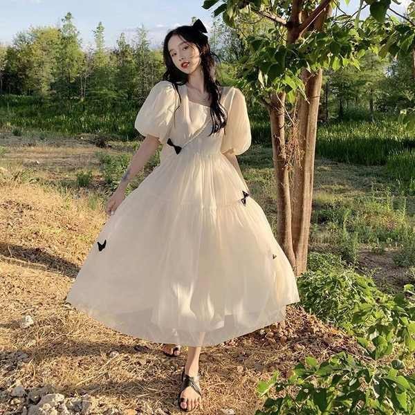 เดรสสาวอวบ ชุดไปงานบวช ชุดงานบวช ดิสนีย์สวมแขนพัฟสไตล์ฝรั่งเศสกระโปรงผ้ากอซสีขาวชุดต่อท้ายชุดนางฟ้าฤ