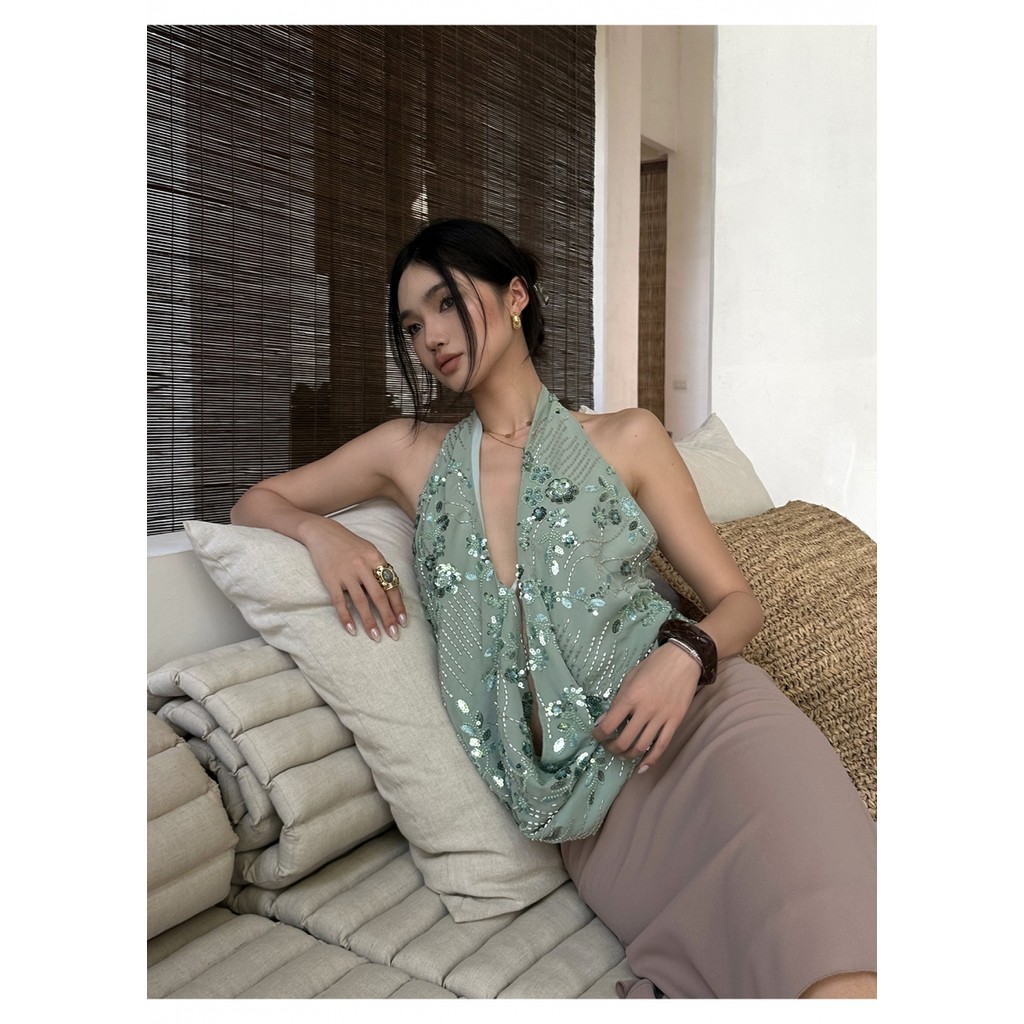 SINER-ผู้หญิงเสื้อคล้องคอปักเลื่อมมีสไตล์เปลือยคอวีลึกสําหรับฤดูร้อน