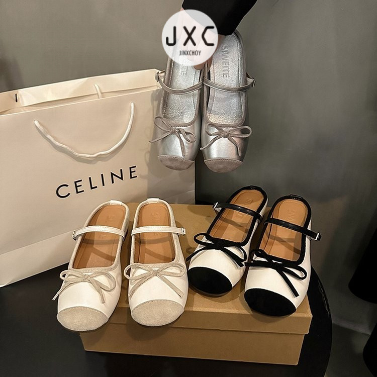 สไตล์เกาหลีการจับคู่สีรอบ นิ้วเท้า แบนสายคล้องคอ ล่อ ปู่ น้ําหนักเบาสุภาพสตรีด้านในเพิ่มความสูงแฟชั่นสบายๆทุกวันสวมใส่ด้านนอกขี้เกียจสบายๆร