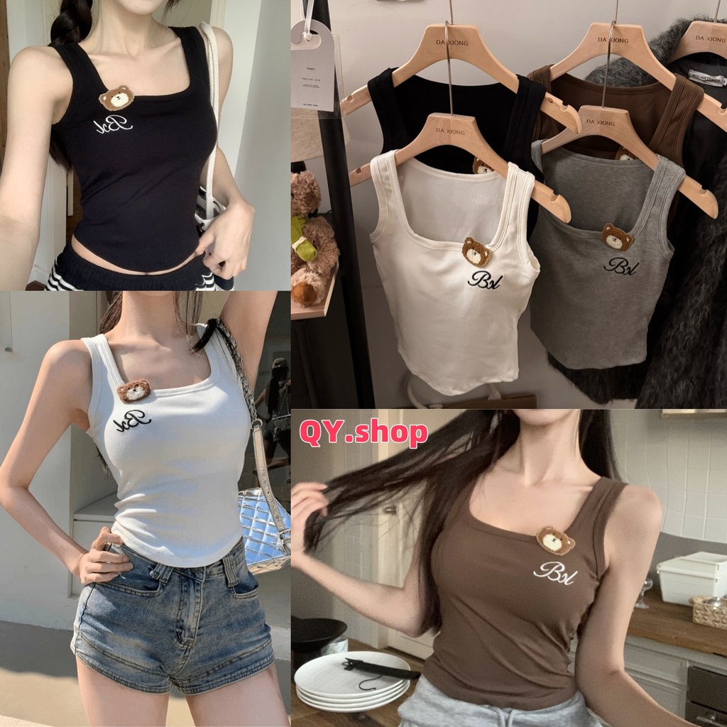 QY.Shop⭐️สินค้าราคาพิเศษ⭐️​พร้อมส่ง เสื้อกล้าม มีฟองน้ำ สไตล์เกาหลี ดีเทลติดหมี ยืดพอดีตัว "FY1832"