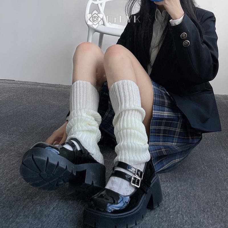 Qrhyk Y2K ผู้หญิงขาอุ่นญี่ปุ่น Lolita ถุงเท้ายาวขนสัตว์ถักเท้าแขนอุ่นฤดูใบไม้ร่วงฤดูหนาวโครเชต์ Heap ถุงเท้า Boot Cuffs ใหม่