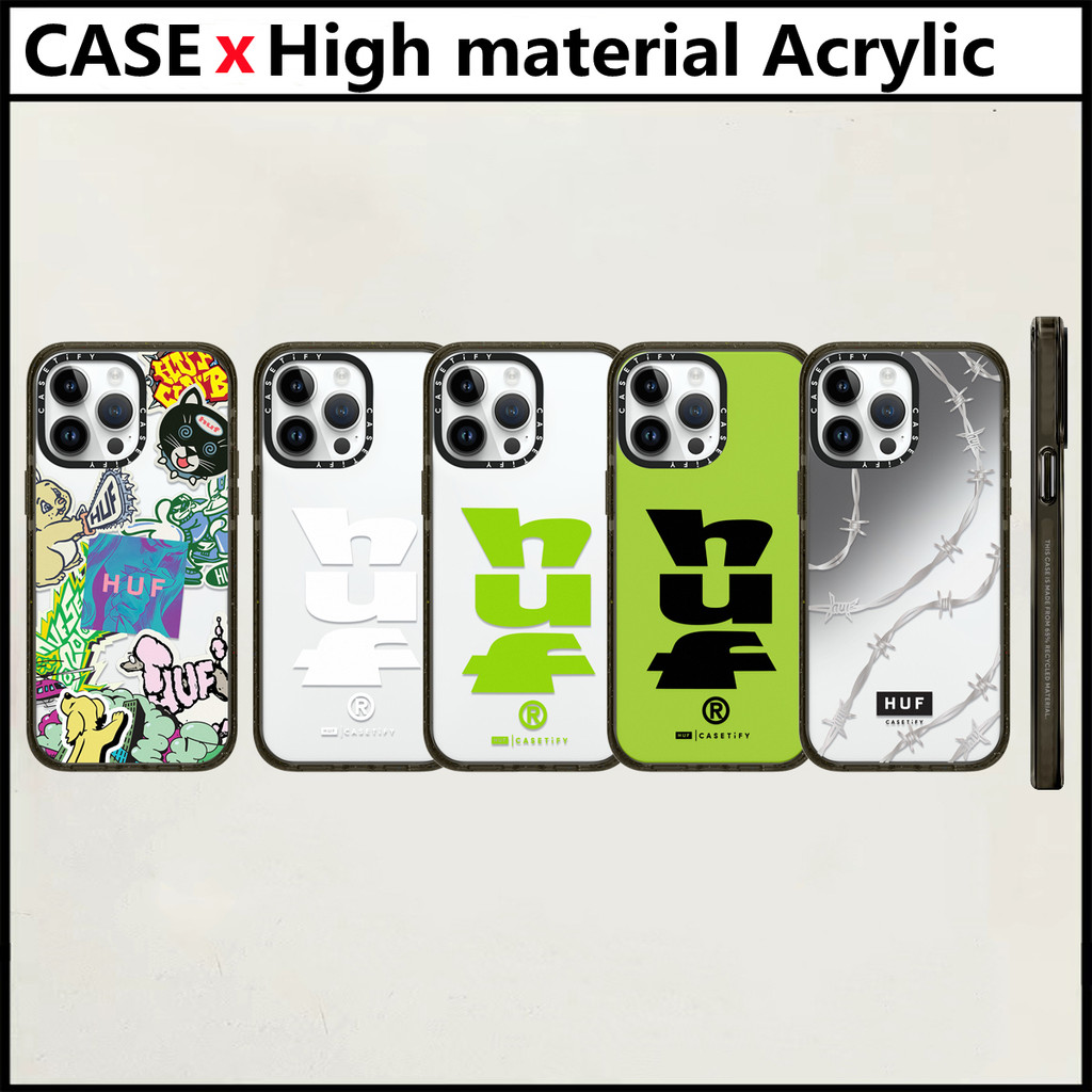 Casetify HUF สติกเกอร์ iPhone สําหรับ 11 12 13 14 15 16 Pro Max 16 Plus อะคริลิคพลาสติก TPU ตัวอักษรด้านข้างกันกระแทกฝาครอบโทรศัพท์กลับ INS สไตล์ปลอก