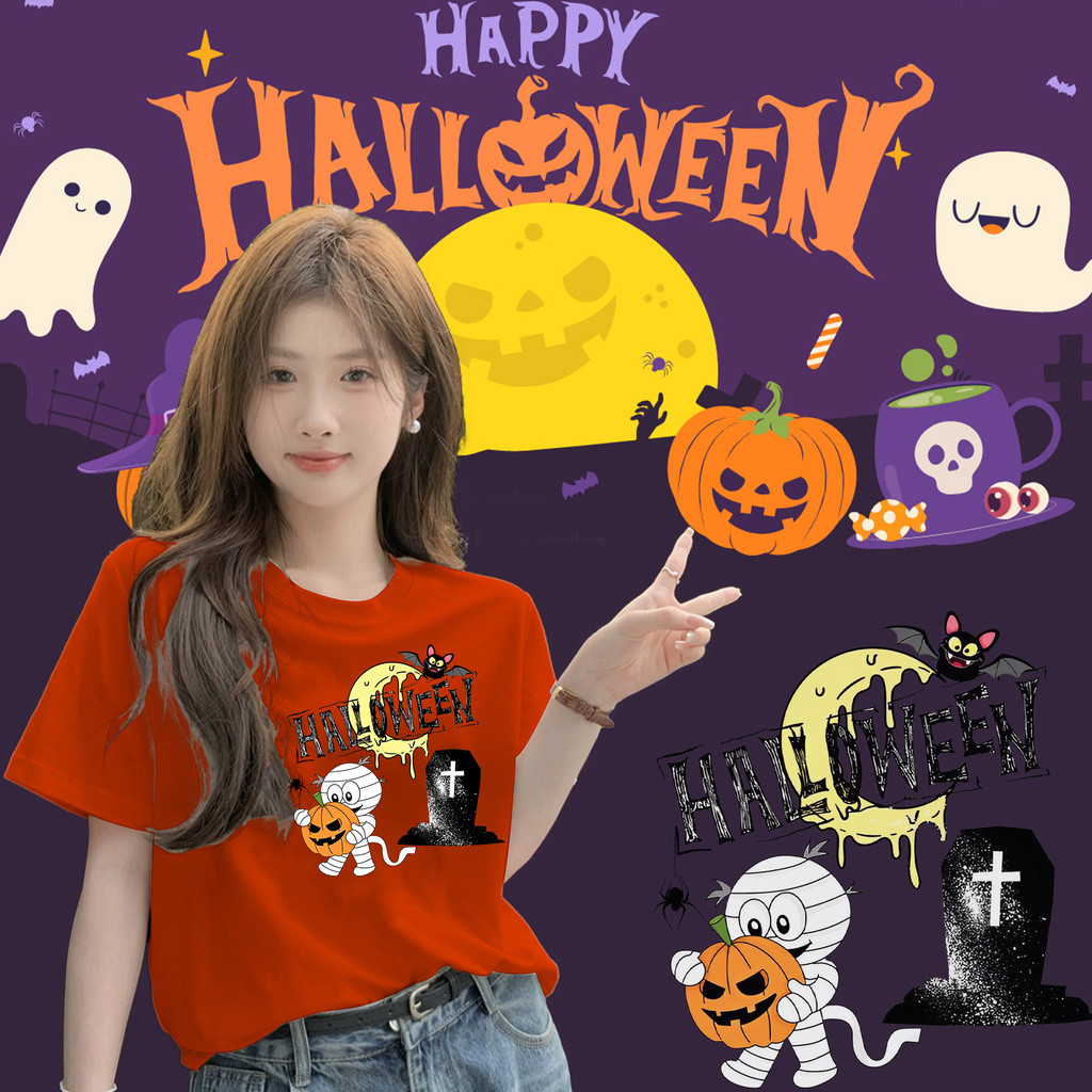 ปกติ✨[พร้อมส่ง] แขนสั้น Mummy&Halloween ผ้าฝ้ายคุณภาพสูง ไม่หดหรือยับ Happy Halloween unisex shirt_H