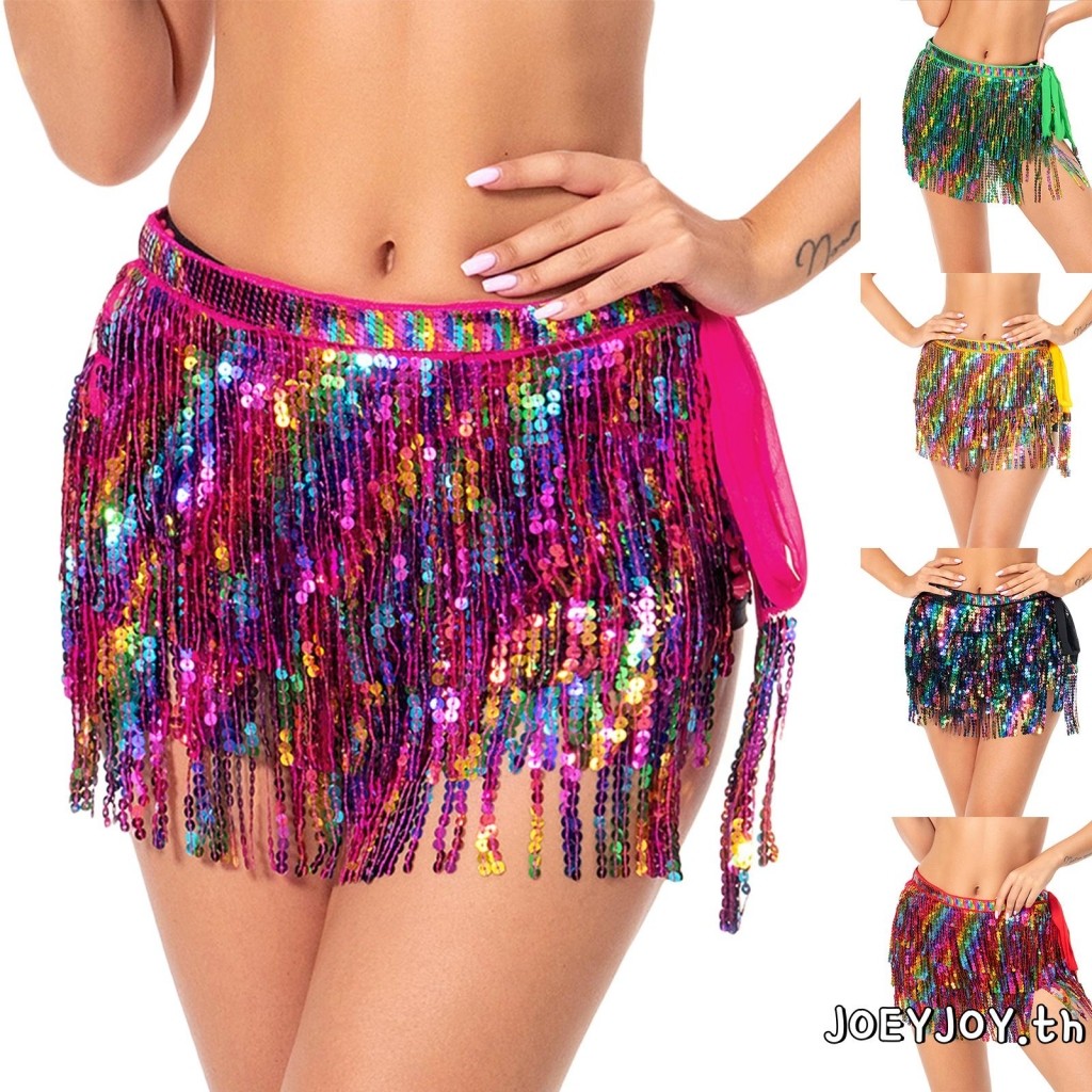 Joeyjoy-ผู้หญิง Belly Dance กระโปรง Boho เลื่อมพู่สะโพกกระโปรงผ้าพันคอ Rave Dance Show Party เครื่องแต่งกาย