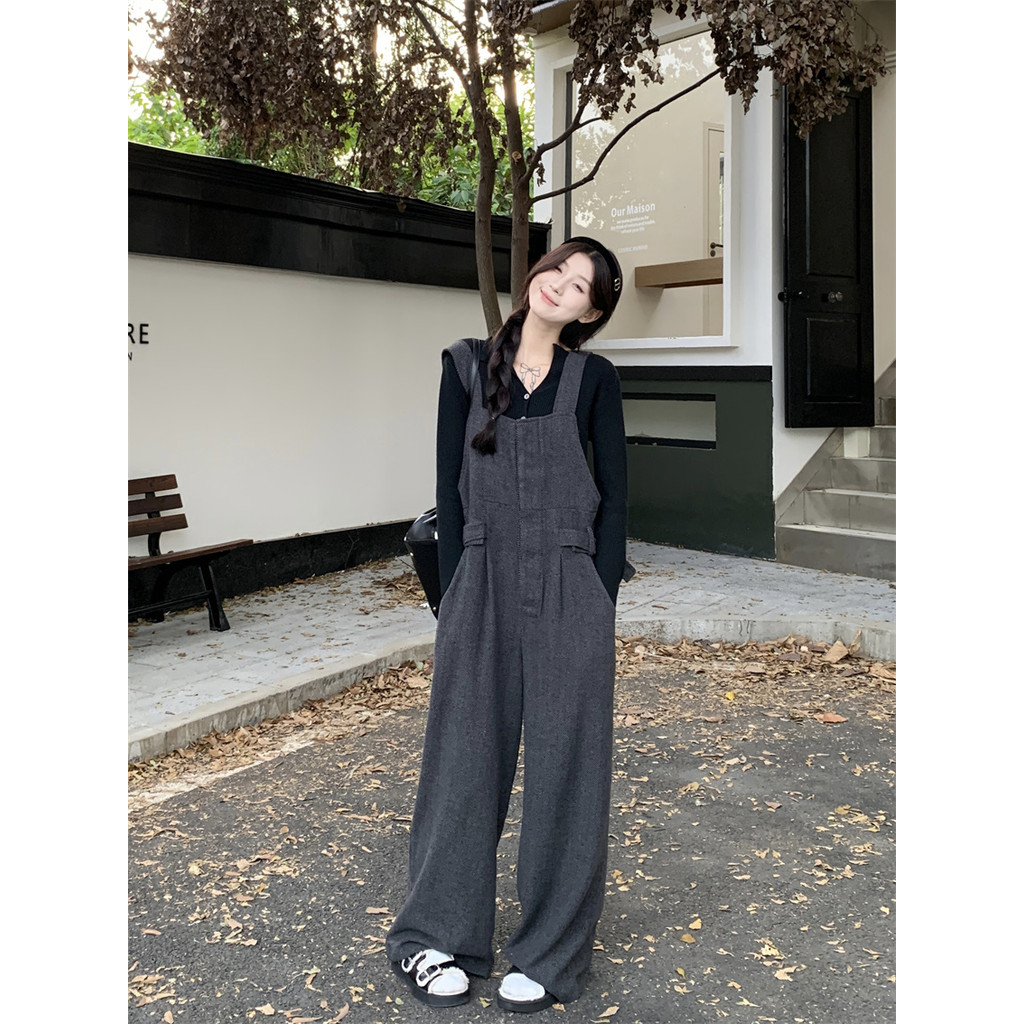 เกาหลีสไตล์ใหม่ ~ ฤดูใบไม้ร่วงฤดูหนาวแฟชั่นขี้เกียจย้อนยุคทําด้วยผ้าขนสัตว์ ชุดเอี๊ยม กางเกงลําลอง ชุดจั๊มสูท กางเกง