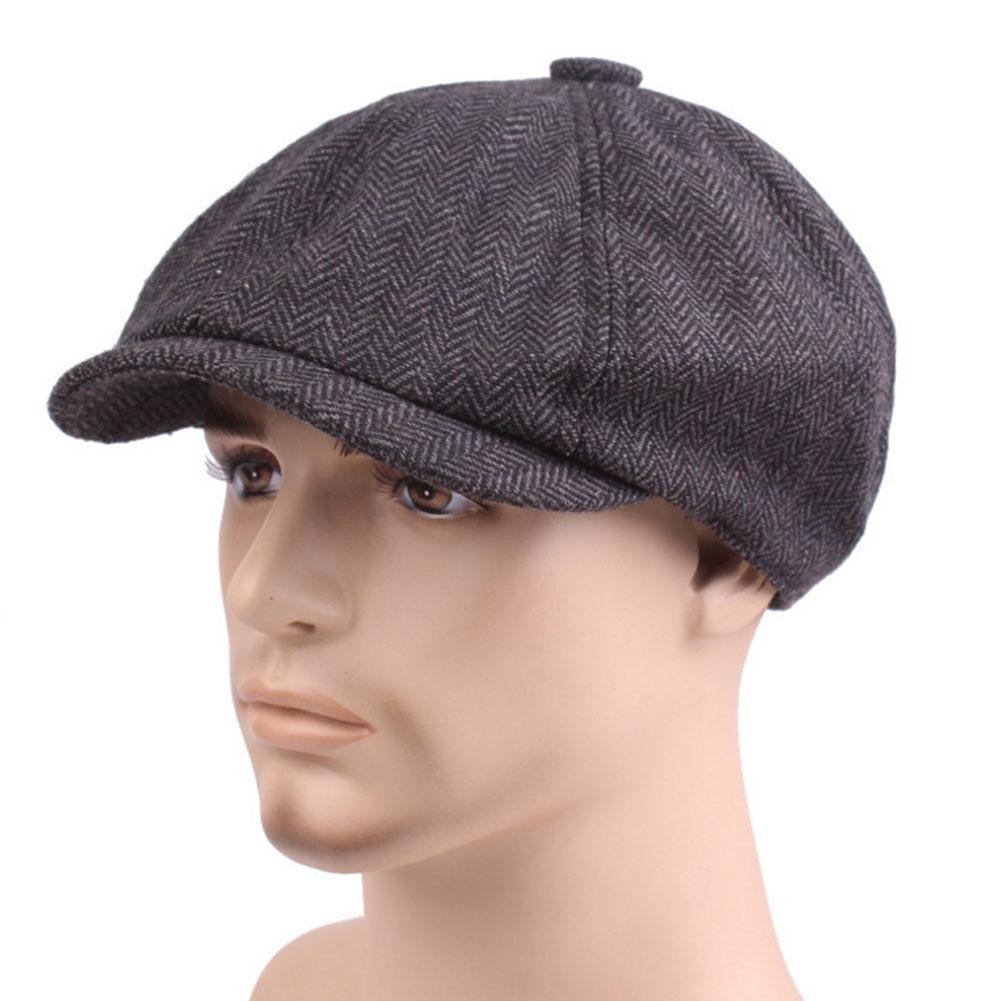 Mens Peaky Blinders Newsboy แบนหมวกสีเทา Navy Herringbone 8 Gatsby แผงหมวก U9y2