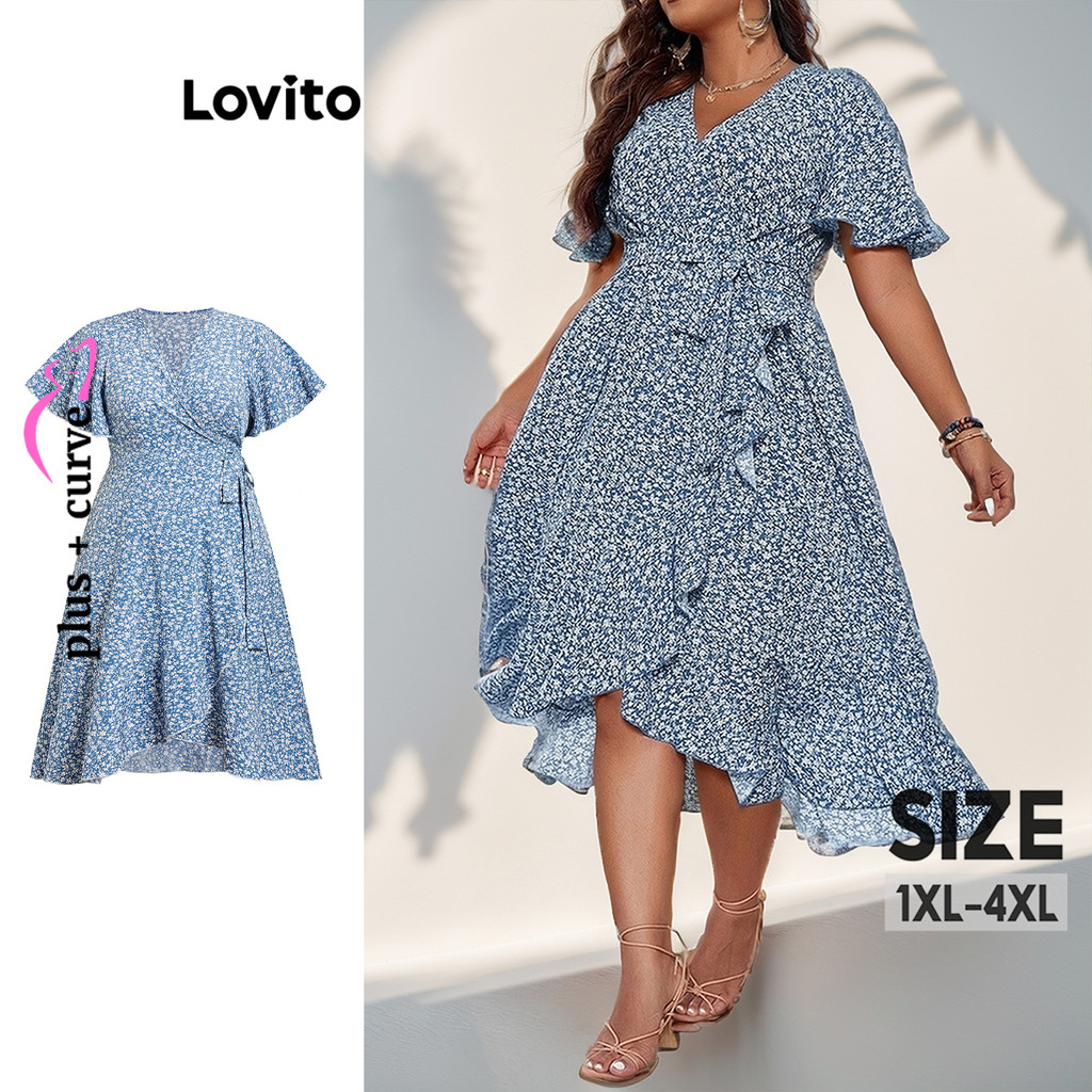 Lovito ชุดเดรสผู้หญิง ชายระบาย ลายดอกเดซี่ พลัสไซส์ สไตล์โบโฮ LBL08251