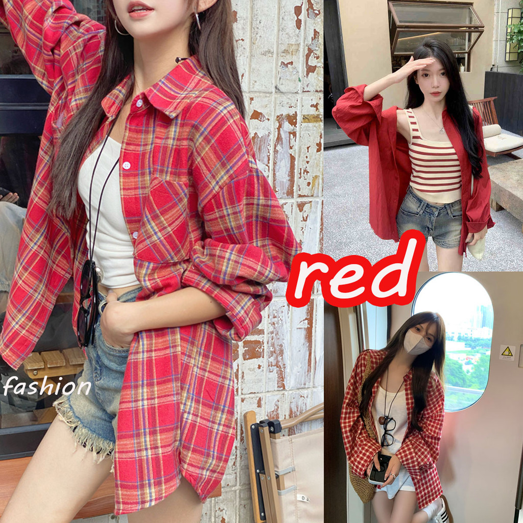 Dahong เสื้อเชิ้ตสีแดงสาวอวบ เสื้อเชิ้ตแขนยาว สีแดง ใส่ทำงาน ใส่เที่ยวได้ค่ะ สีแดงสดตรุษจีน สวยมากๆ