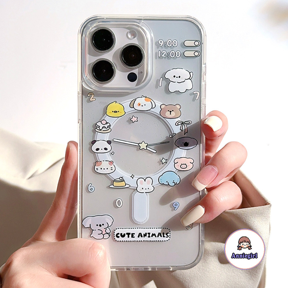การ์ตูนสัตว์เคสโทรศัพท์แม่เหล็กสําหรับ IPhone 11 15 16 Pro Max 16 Plus 12 13 14 Promax XS XR 7 8 Plus Clear กันกระแทก Soft TPU โทรศัพท์ปกหลัง