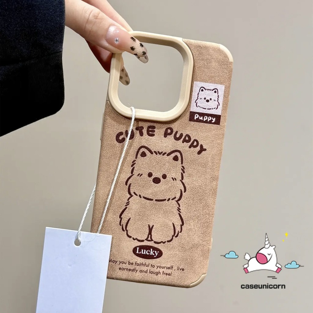 น่ารักภาพวาดลูกสุนัขการ์ตูน Retro สุนัขสําหรับ IPhone 16 12 11 13 14 15 Pro Max 14 16 15 Plus 16 Pro Max 12 15 16 Pro หรูหราสีน้ําตาล Fluff หนังเนื้อนุ่มกรณี