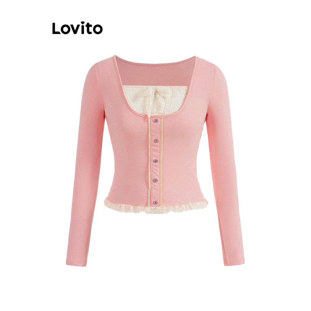 Lovito ผ้าเย็บปะติดปะต่อกันน่ารักเย็บปลอม 2 In 1 เสื้อยืดลูกไม้สำหรับผู้หญิง L106AD234