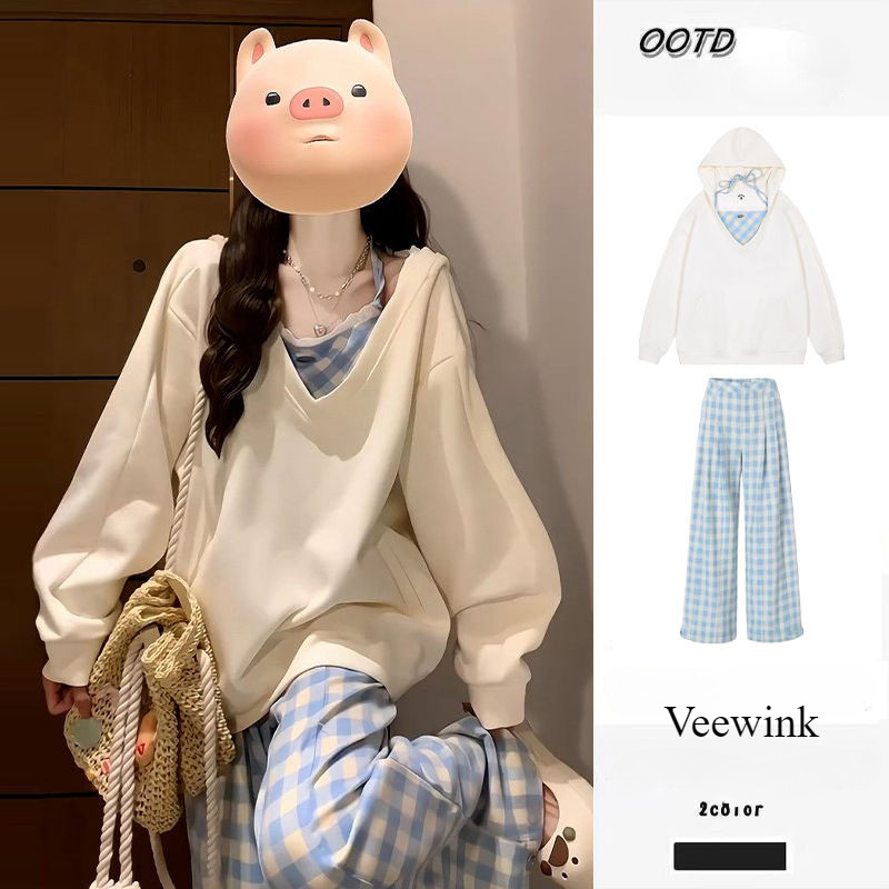Veewink เสื้อกันหนาวแขนยาว เอวสูง ทรงหลวม สไตล์เกาหลี สําหรับผู้หญิง เสื้อสเวตเตอร์+สายเอี๊ยมเล็ก+กางเกงขายาว