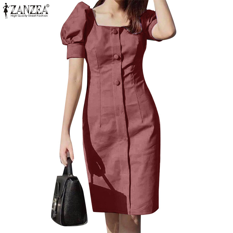 ZANZEA ซานเซีย ผู้หญิงแฟชั่นเกาหลีสีทึบแขนโคมไฟบางชุดลําลองชิ้นเดียว