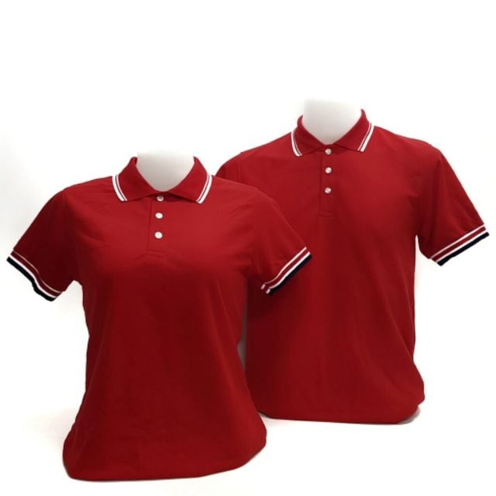 เสื้อโปโลสีแดง เสื้อคอปก แขนสั้น สีแดง ปกขลิบขาว 2 เส้น ปลายแขนขลิบขาว-ดำ LRD05