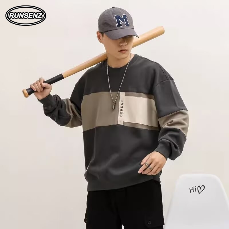 ม-5เอ็กแอล แฟชั่นเกาหลีสีบล็อกเสื้อกันหนาวผู้ชายสบายๆหลวมแขนยาวขนาดบวกด้านบน