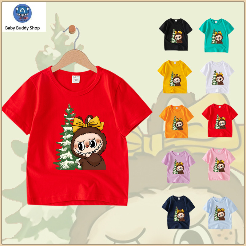 คริสต์มาส LABUBU เสื้อยืดแขนสั้นเสื้อผ้าฝ้าย 100% สําหรับเด็กชายและเด็กหญิง CX006