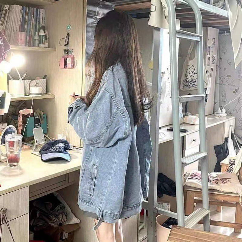 แจ็คเก็ตยีนส์ผู้หญิงหัวเข็มขัดแถวเดียวด้านหน้าย้อนยุคอเมริกัน