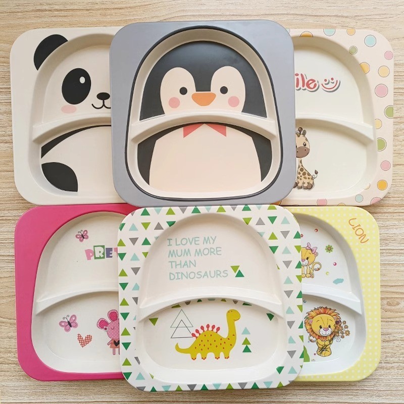 เด็กไดโนเสาร์เพนกวินสร้างสรรค์จานผักอาหารตะวันตกจานสเต็กพาสต้าจานแบนรอบจานผลไม้กันกระแทก