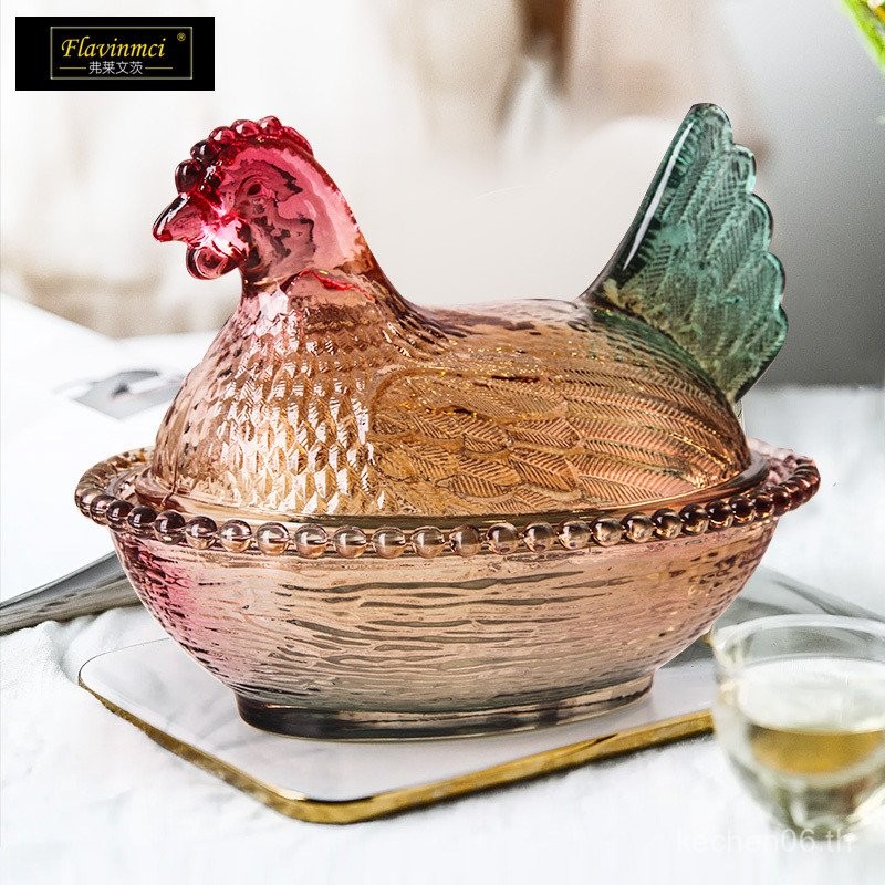 Flevenz น่ารักสร้างสรรค์ขวดขนมแก้วไก่ที่มีฝาปิดถังเก็บของในห้องนั่งเล่นที่ใช้ในบ้านของตกแต่งกล่องขนมกระป๋องน้ำตาล