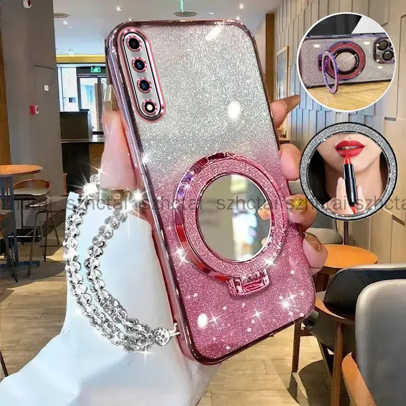 ปลอก Samsung A7 2018 A50 A70 A30S A50S A750 หรูหรา Electroplated Glitter เคสโทรศัพท์พร้อมความงามแต่งหน้ากระจกผู้ถือสร้อยข้อมือเชือกเส้นเล็ก Soft Case