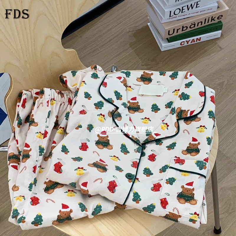 FDS ฝรั่งเศสน่ารักคริสต์มาสหมีพิมพ์ชุดนอนสตรีแขนสั้นชุดสูทสามชิ้นฤดูใบไม้ผลิ, ฤดูร้อนและฤดูใบไม้ร่วงใหม่หลวมสาว homewear