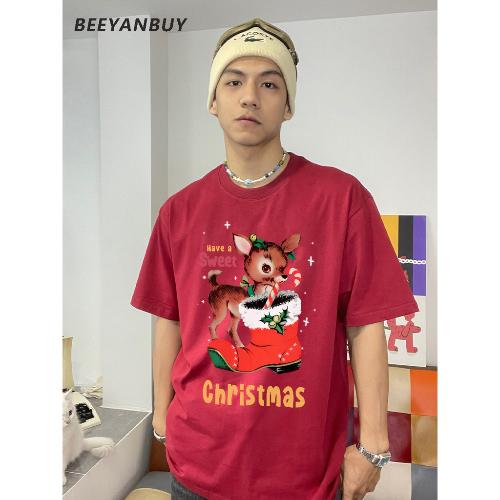 Beeyanbuy Christmas T-shirts, การ์ตูนน่ารักกวางพิมพ์เสื้อยืดแขนสั้นหลวม #I001123