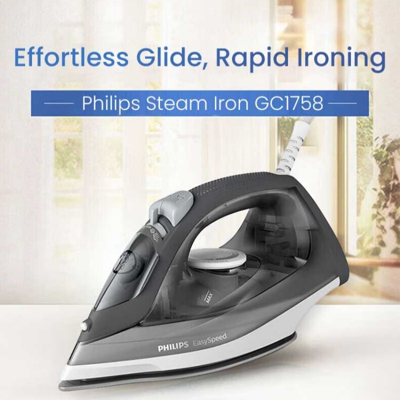 เตารีดไอน้ํา Philips GC1758/88 เตารีดไอน้ําไฟฟ้าสําหรับเสื้อผ้าพร้อมแผ่นรองพื้นแบบไม่ติดกระทะสําหรับ