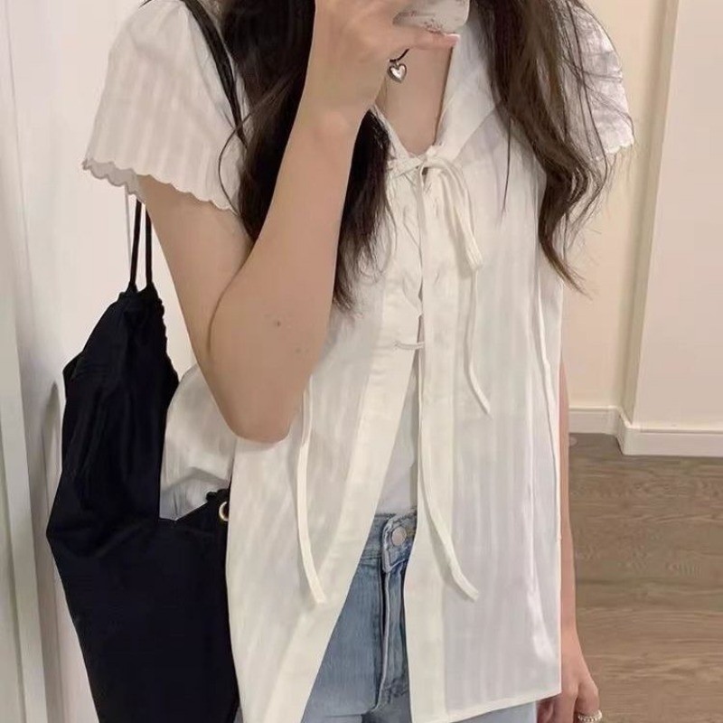 🧡LINNA🧡เวอร์ชั่นเกาหลี สีทึบ แขนสั้น เสื้อเชิ้ต ความเรียบง่าย หวาน
