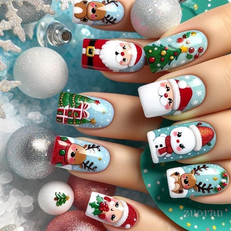 Zuoo เล็บปลอมคริสต์มาส Snowman กดบนเล็บการ์ตูน Santa Stick บนเล็บ