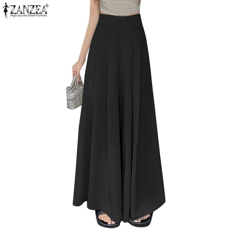 ZANZEA ใส่ ซานเซีย ผู้หญิงเกาหลีสบายๆหลวมสีธรรมดาข้อเท้าความยาวกางเกงขากว้าง