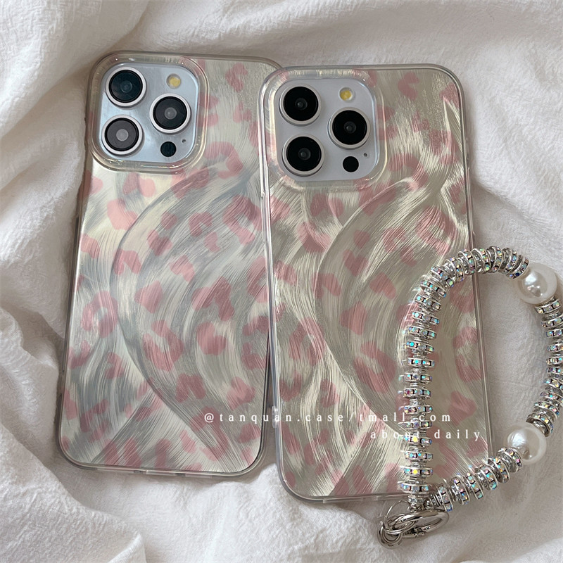 Huiwanju โซ่เข็มขัดพิมพ์ลายเสือดาวสีชมพูเหมาะสําหรับ iphone16pro เคสโทรศัพท์มือถือ 16 Apple 15promax 13 ผู้หญิง 12 เกาหลี 11 ง่าย 14 สาว 13pro เคสแข็ง 12