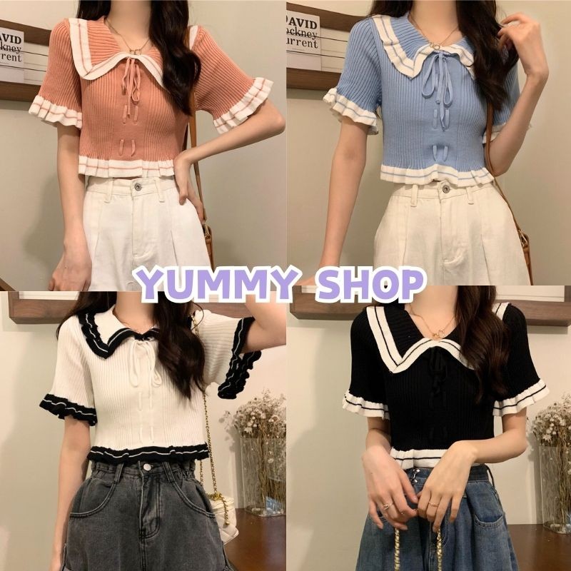 Yummy Shop พร้อมส่ง【6A46-1】เสื้อไหมพรม ผ้าร่องแขนระบาย สีน่ารักใส่สบายมาก