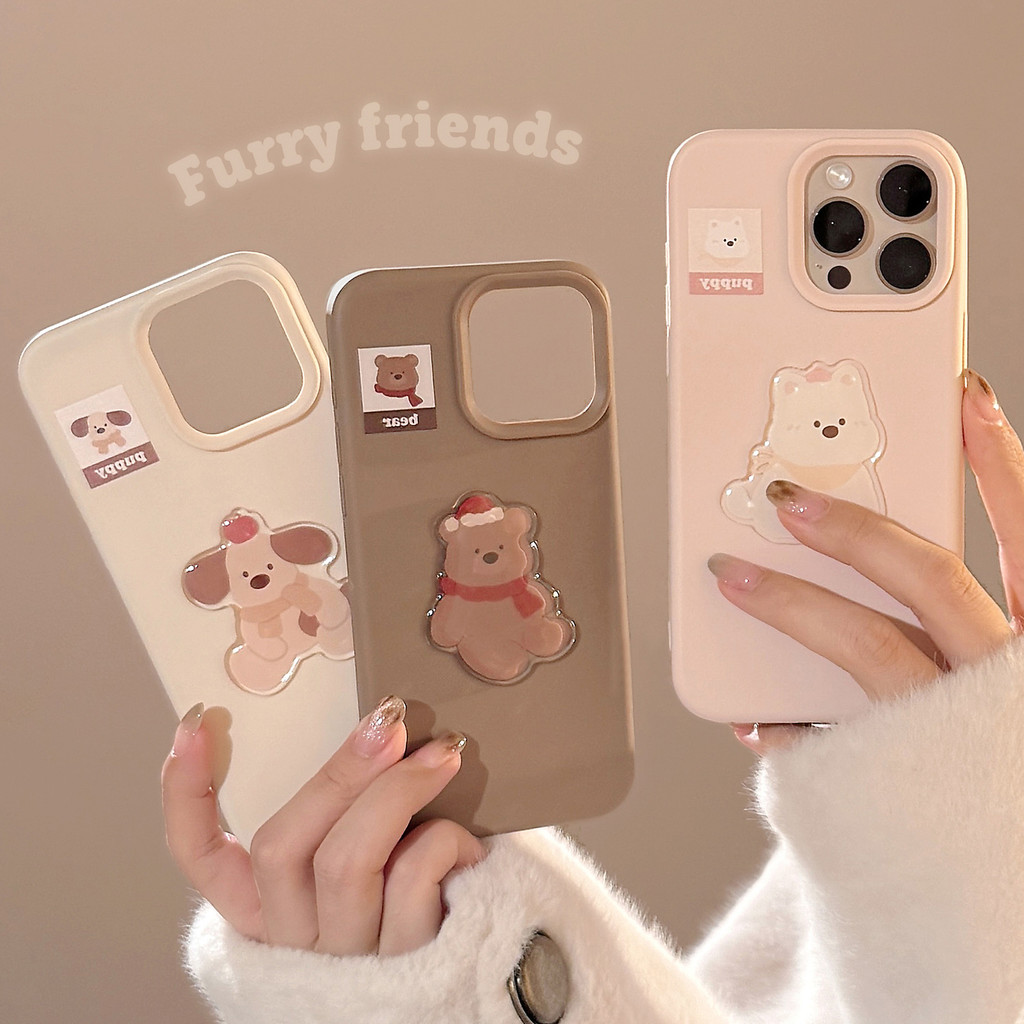 ป้ายหลุมใหญ่สีทึบสามมิติน่ารักการ์ตูนหมีลูกสุนัขเคสโทรศัพท์ป้องกันtpuสําหรับapple iphone11 12 13 14 15 16pro max plus