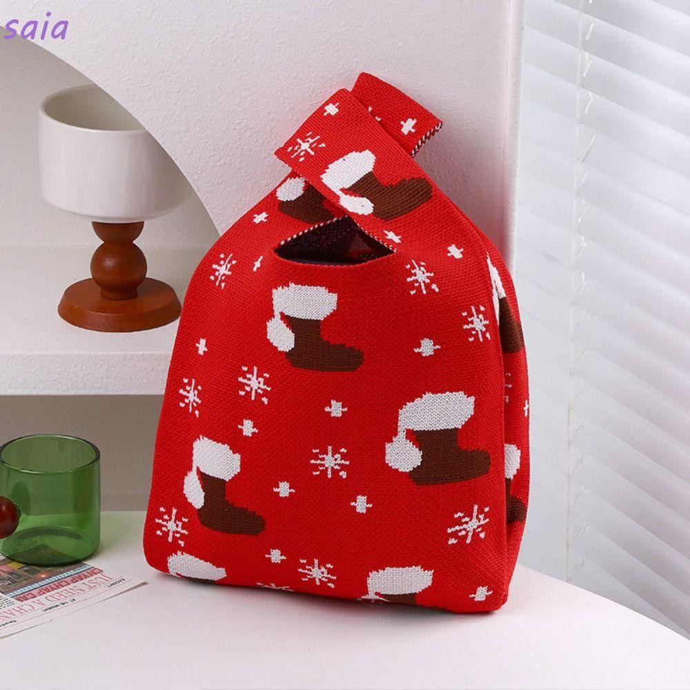 Saia Christmas Knit Handbag, Gift Bag Weaving Handbags Handmade Wrist Bag, Snowflake Santa Clausable Tote Bag
