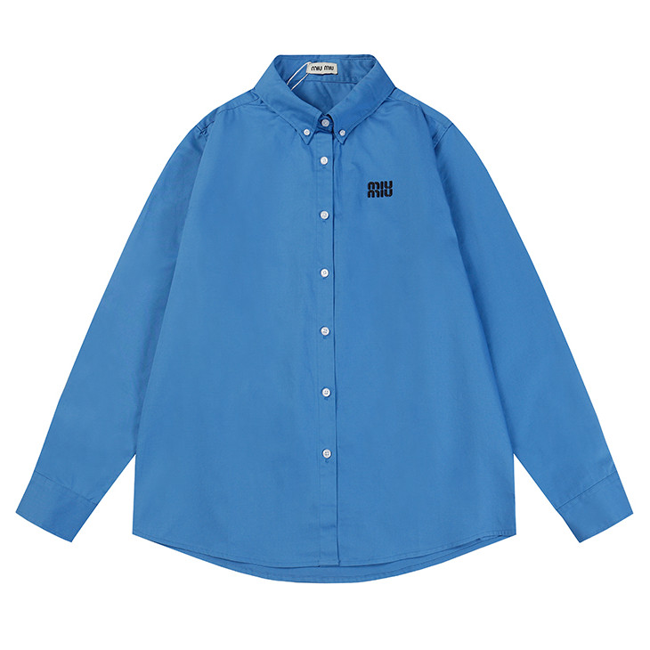 ขายร้อนคลาสสิกฤดูใบไม้ร่วง MUMU Casual Cotton ปักตัวอักษรสีฟ้าเสื้อแขนยาว