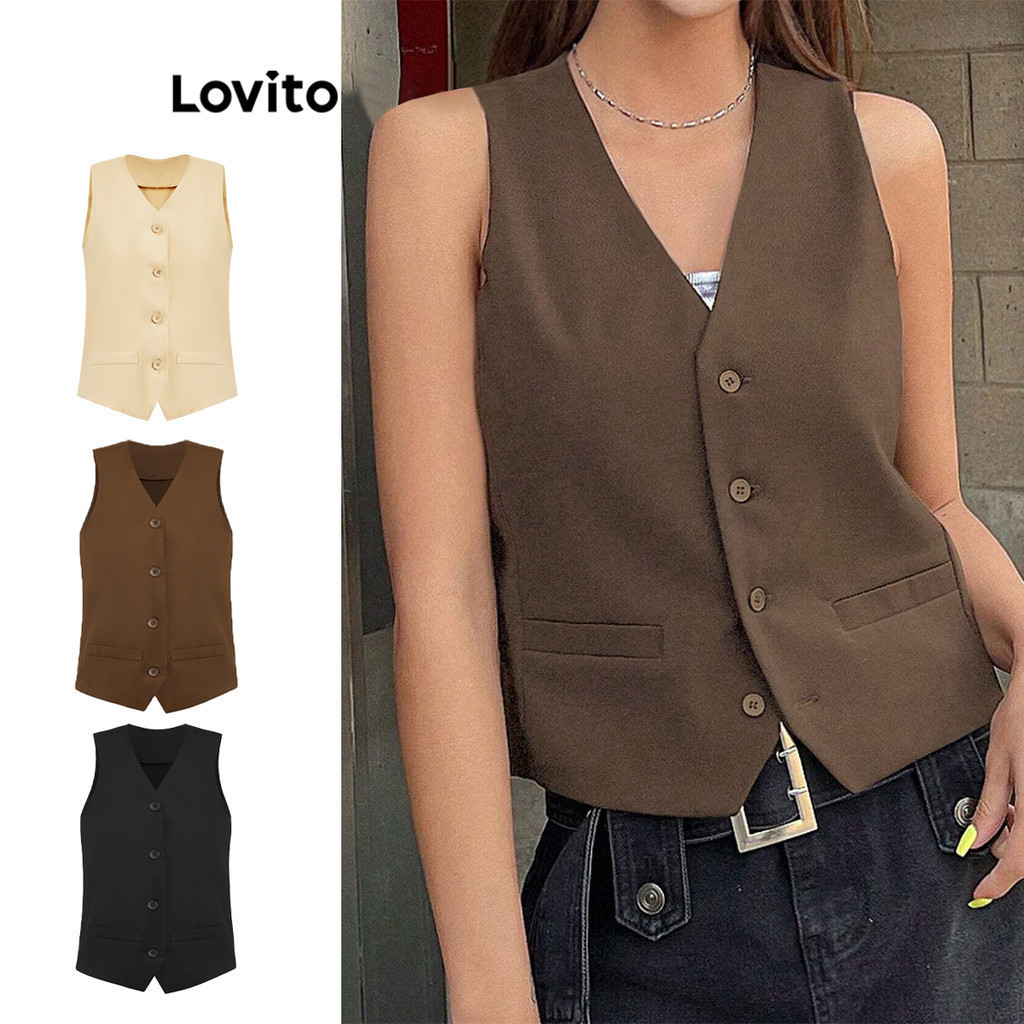 Lovito เบลเซอร์แขนกุดผู้หญิง มีกระดุม สีพื้น สไตล์ลำลอง L76AD219(หลากสี)