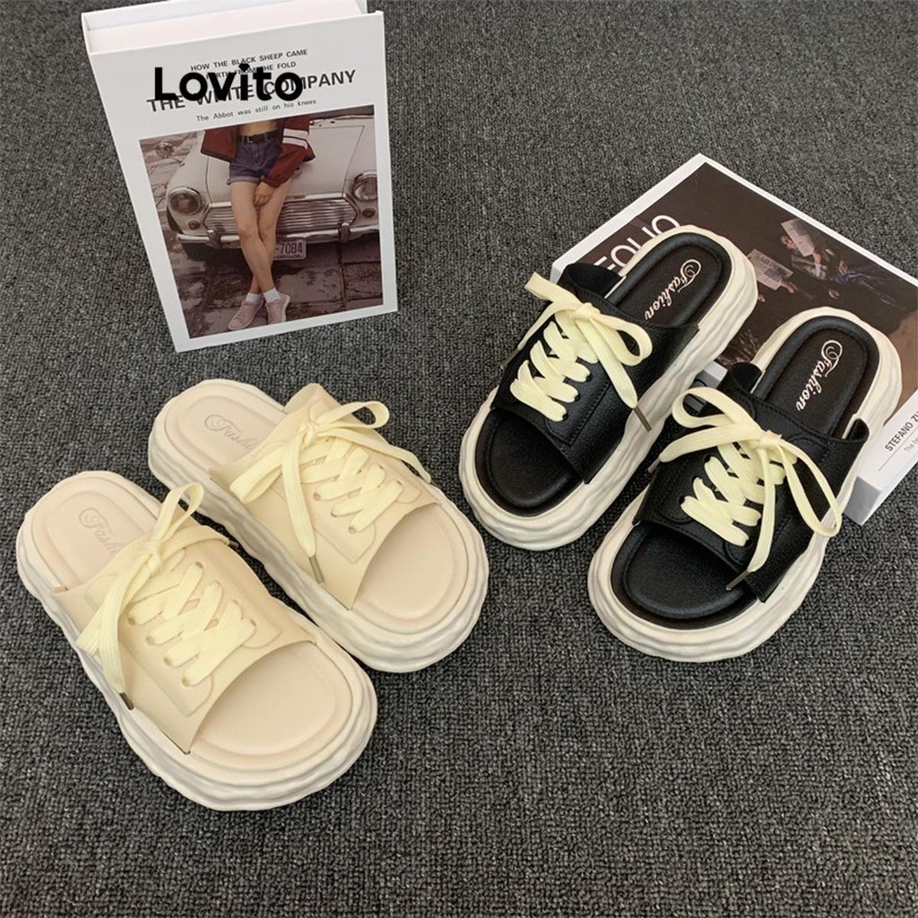 Lovito รองเท้าแตะผู้หญิง ส้นหนา แบบผูกเชือก กันลื่น ใส่สบาย สีพื้น สไตล์ลำลอง LFA36389