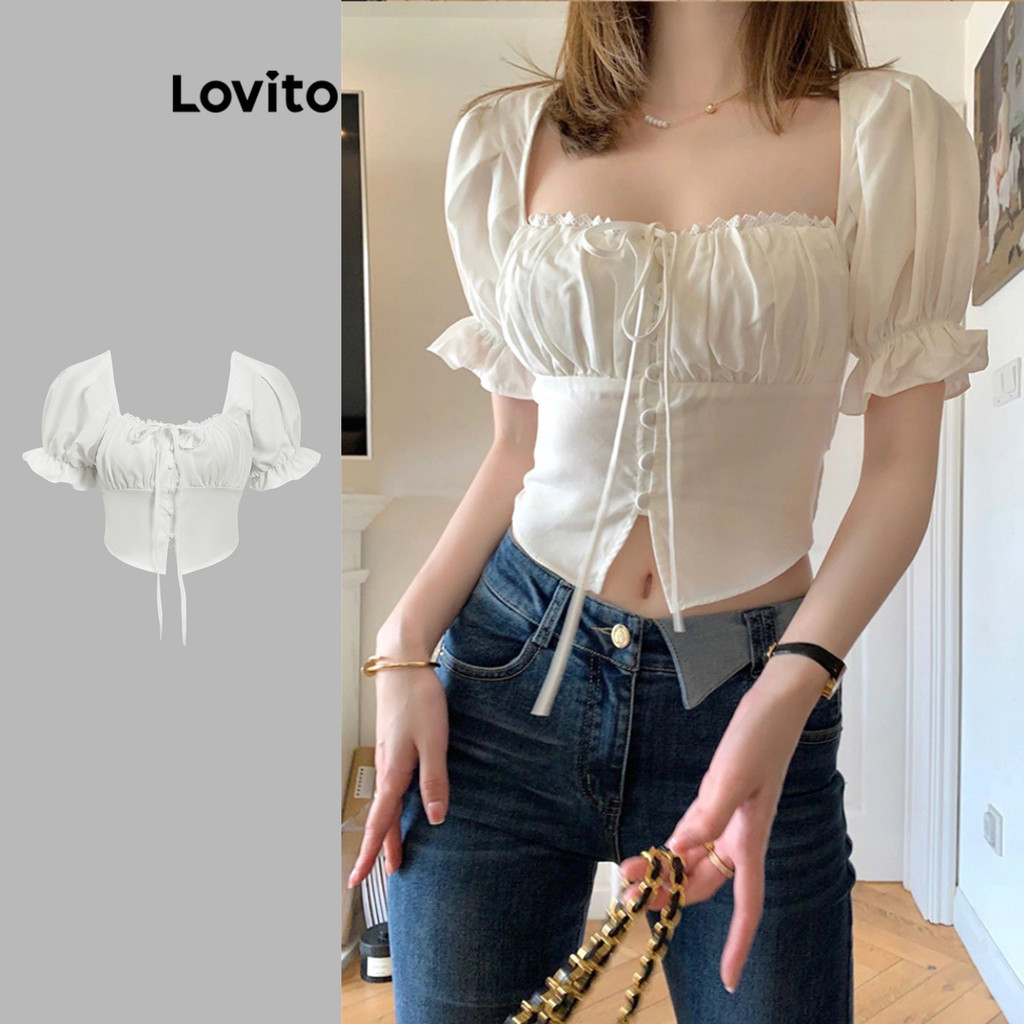 Lovito เสื้อเบลาส์ผู้หญิง แต่งจีบ มีกระดุม แบบผูกหน้า สีพื้น สไตล์ลำลอง L85AD012