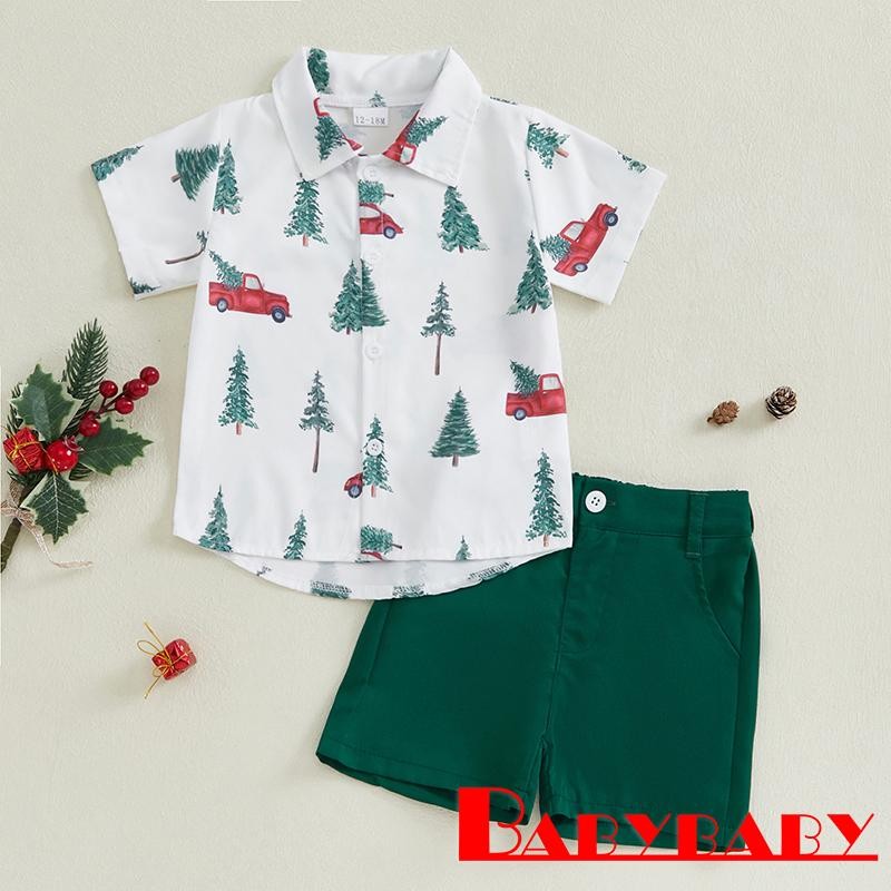 Bab-toddler Boy ชุดคริสต์มาส Candy Cane พิมพ์แขนสั้นเสื้อปุ่มพร้อมกางเกงขาสั้นสีทึบ