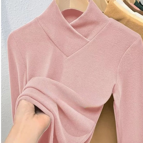 [5 สี] เสื้อความร้อนแขนยาวคอปกไขว้มีสไตล์ของผู้หญิงฤดูใบไม้ร่วงฤดูหนาวสลิมฟิตเสื้อยืดพื้นฐานที่อบอุ่น