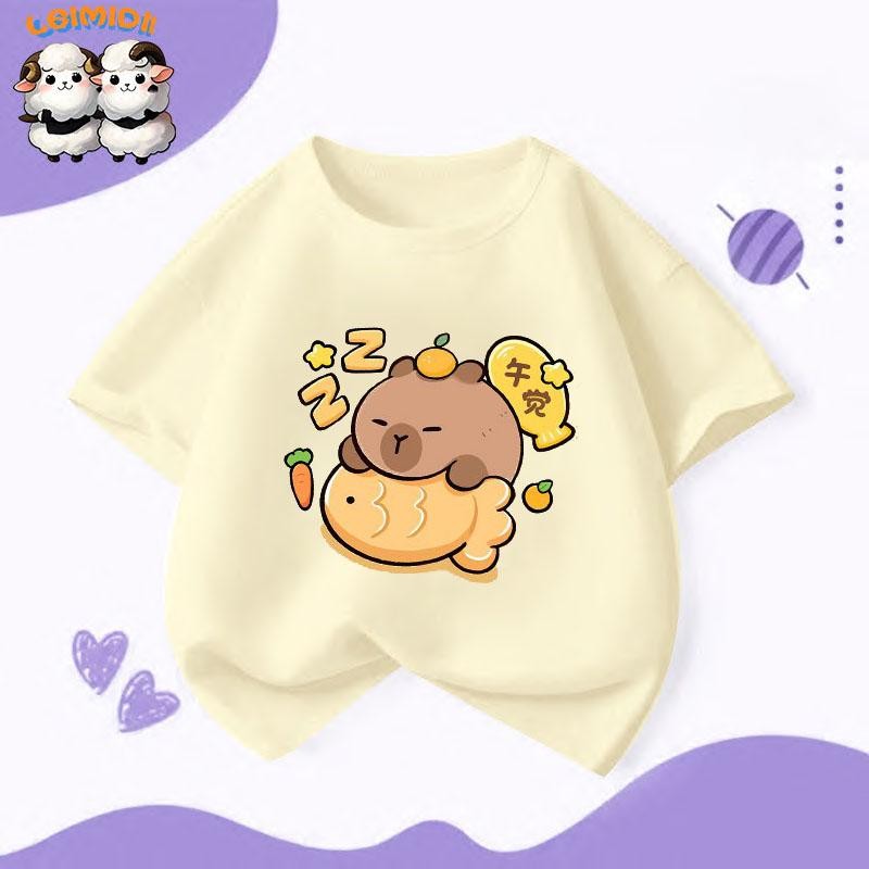 เด็กผู้หญิง Capibala เสื้อยืดแขนสั้นสําหรับเด็กกลางและใหญ่ 2025 ฤดูร้อนสไตล์ใหม่เด็กทารกแฟชั่นครึ่งแขนอินเทรนด์ T