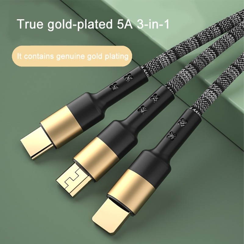 3 In 1 Gold-Plated fast สายชาร์จ 5A โลหะ Type-C Micro-usb Data Charger Cable 1.2M สาย usb to usb C สายชาร์จเร็ว Type-C ไนลอนถักสายชาร์จสําหรับ Huawei