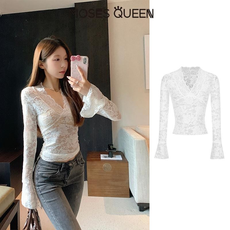 MOSESQUEEN เสื้อเชิ้ตลูกไม้คอวีออกแบบความรู้สึกเซ็กซี่ความปรารถนาบริสุทธิ์เอวบางซอกอเนกประสงค์ด้านบน #62305