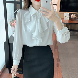 ฝรั่งเศสฤดูใบไม้ผลิฤดูใบไม้ร่วงสไตล์ใหม่สีขาว Lace-Up Bow เสื้อแขนยาวแฟชั่นอารมณ์ Simple All-Match Slim-Fit Age-Reduction สุภาพสตรีแฟชั่นด้านบน