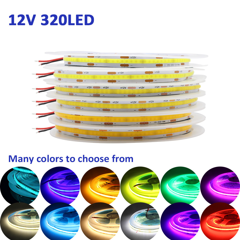 320leds/m COB ไฟ LED Strip 12V Warm Cool สีขาวสีแดงสีเขียวน้ําแข็งฟ้าเหลืองชมพูความหนาแน่นสูง RA90 ริบบิ้นแบบยืดหยุ่น Linear FCOB