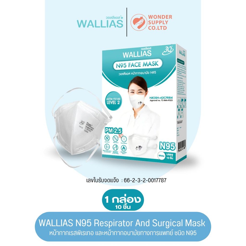 Wallias Mask N95 แมสก์ หน้ากากอนามัยป้องกันฝุ่นPM2.5 Face Mask NIOSH ป้องกันสูงสุด