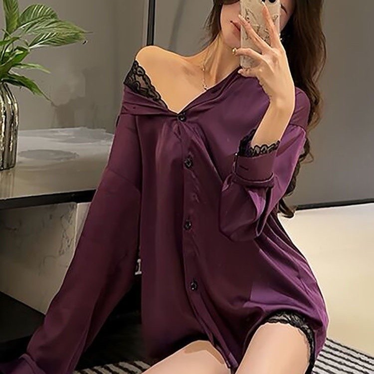 สไตล์ตะวันตกร้อนขายชุดนอนเย็บลูกไม้แขนยาว+กางเกงขาสั้นผ้าไหมน้ําแข็งฤดูร้อน ชุดลําลอง ชุด/ขนาด: หนึ่งขนาด 40-70กิโลกรัม